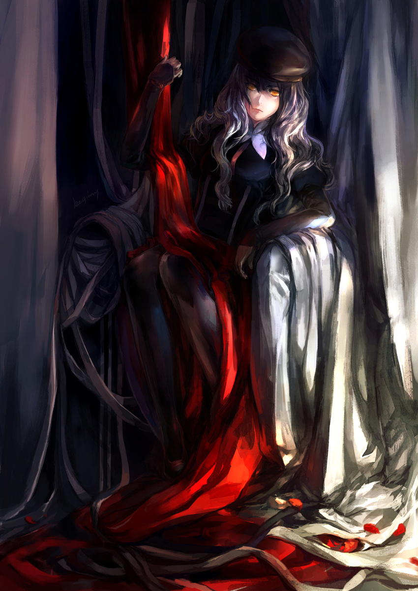 bad_id bad_pixiv_id caren_hortensia cloth fate/hollow_ataraxia fate_(series) hat highres kzcjimmy long_hair pantyhose shroud_of_magdalene silver_hair solo throne yellow_eyes