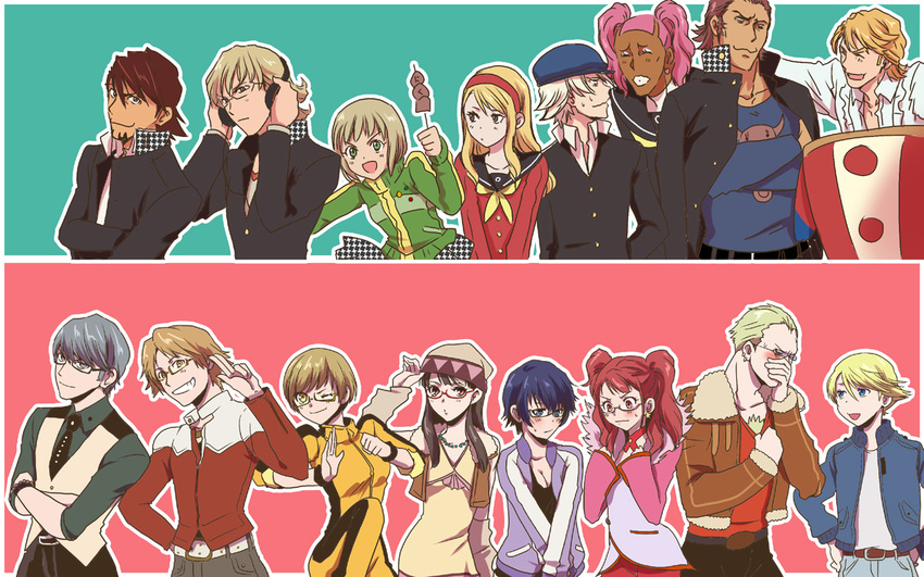 6+girls amagi_yukiko amagi_yukiko_(cosplay) antonio_lopez antonio_lopez_(cosplay) barnaby_brooks_jr barnaby_brooks_jr_(cosplay) cosplay costume_switch crossover dango food hanamura_yousuke hanamura_yousuke_(cosplay) houndstooth huang_baoling ivan_karelin ivan_karelin_(cosplay) jacket kaburagi_t_kotetsu kaburagi_t_kotetsu_(cosplay) karina_lyle karina_lyle_(cosplay) keith_goodman keith_goodman_(cosplay) kujikawa_rise kujikawa_rise_(cosplay) kuma_(persona_4) kuma_(persona_4)_(cosplay) multiple_boys multiple_girls narukami_yuu narukami_yuu_(cosplay) nathan_seymour nathan_seymour_(cosplay) persona persona_4 sakazakimay satonaka_chie satonaka_chie_(cosplay) school_uniform shirogane_naoto shirogane_naoto_(cosplay) tatsumi_kanji tatsumi_kanji_(cosplay) tiger_&amp;_bunny wagashi wavy_mouth