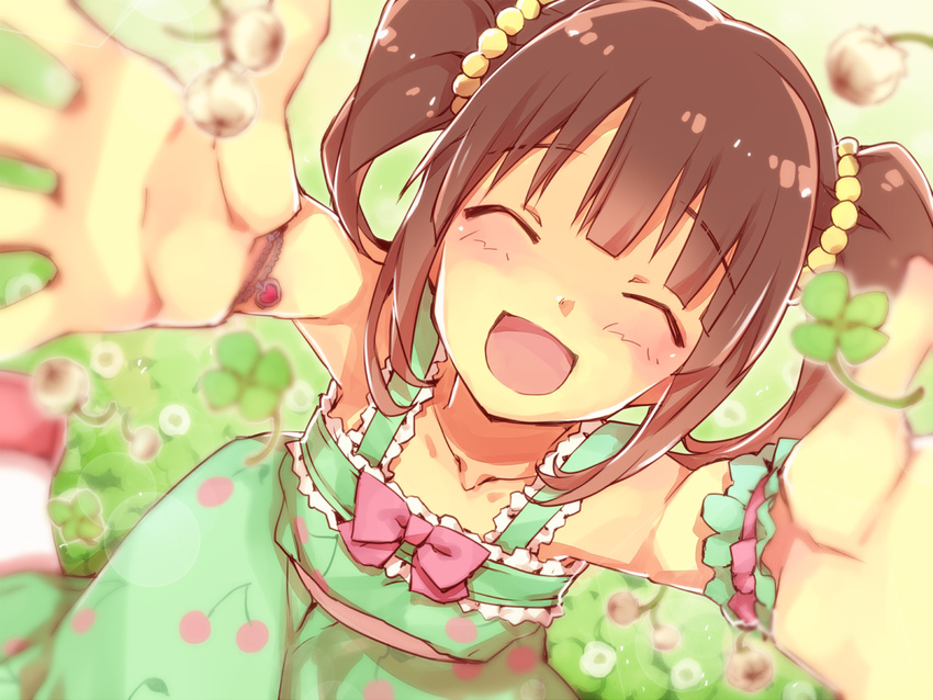 :d ^_^ arumaji_(kiss_kill_lila) blush brown_hair cherry_print closed_eyes dress food_print from_above hair_bobbles hair_ornament idolmaster idolmaster_cinderella_girls long_hair looking_up ogata_chieri open_mouth sitting smile solo twintails wariza wrist_cuffs wristband