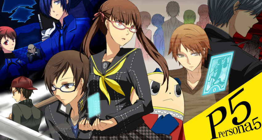 6+girls amagi_yukiko bad_id bad_pixiv_id blue_eyes blue_hair brown_eyes brown_hair doujima_nanako female_protagonist_(persona_3) glasses hanamura_yousuke highres igor izanagi kujikawa_rise kuma_(persona_4) minami_yuuta multiple_boys multiple_girls nakajima_shu narukami_yuu persona persona_3 persona_3_portable persona_4 satonaka_chie school_uniform takayan tarot tatsumi_kanji the_fool_(tarot_card) twintails yuuki_makoto