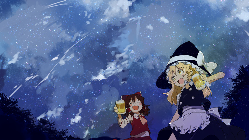 alcohol ascot bad_id bad_pixiv_id beer blonde_hair blush bow braid brown_hair closed_eyes cup detached_sleeves hair_bow hair_tubes hakurei_reimu hat hat_bow highres kirisame_marisa long_hair mug multiple_girls night night_sky open_mouth puffy_sleeves short_hair short_sleeves single_braid skirt sky smile touhou ume_(plumblossom) white_bow wide_sleeves witch_hat yellow_eyes