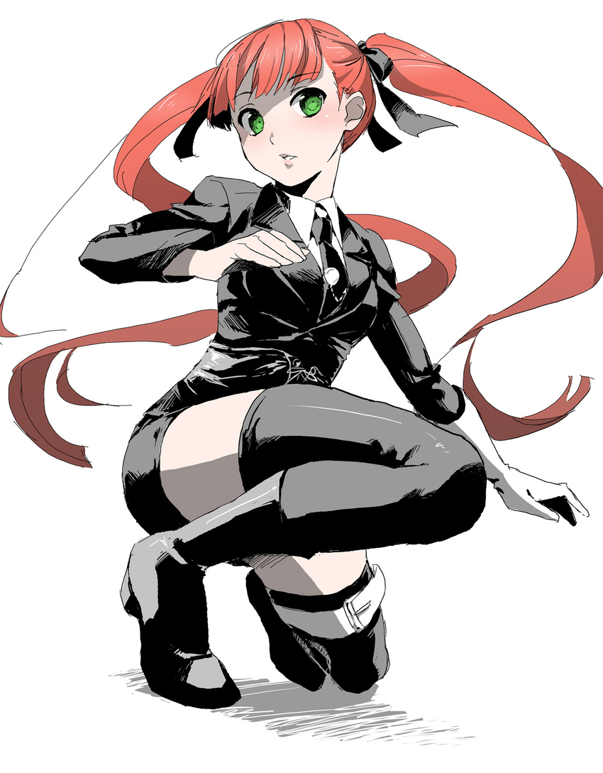 arcana_famiglia black_legwear blush boots felicita formal full_body gloves green_eyes highres ikuwataru_nagomi long_hair parted_lips red_hair simple_background single_glove solo squatting suit thigh_strap thighhighs twintails white_background white_gloves