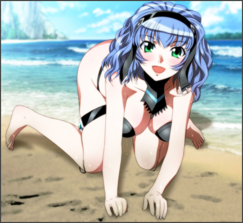 1girl aqua_centolm banpresto barefoot beach blue_hair breasts character_request cleavage feet green_eyes highres large_breasts looking_at_viewer open_mouth sand short_hair solo super_robot_wars sweat swimsuit toes water yadokari_genpachirou