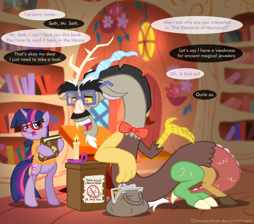 book bow_tie candle clothed clothing crossover cutie_mark discord_(mlp) draconequus duo elements_of_harmony english_text equine eyewear female feral fire friendship_is_magic fur glancojusticar glasses hair hi_res horn horse inside it's_a_trap it's_a_trap male mammal my_little_pony paper pony purple_eyes purple_fur red_eyes scooby-doo_(series) scooby_doo_(series) standing sweater text twilight_sparkle_(mlp) two_tone_hair unicorn velma_dinkley wood