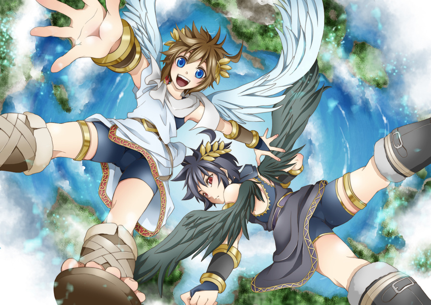 2boys angel angel_wings black_hair blue_eyes brown_hair dark_pit kid_icarus male male_focus multiple_boys nintendo pit_(kid_icarus) red_eyes wings