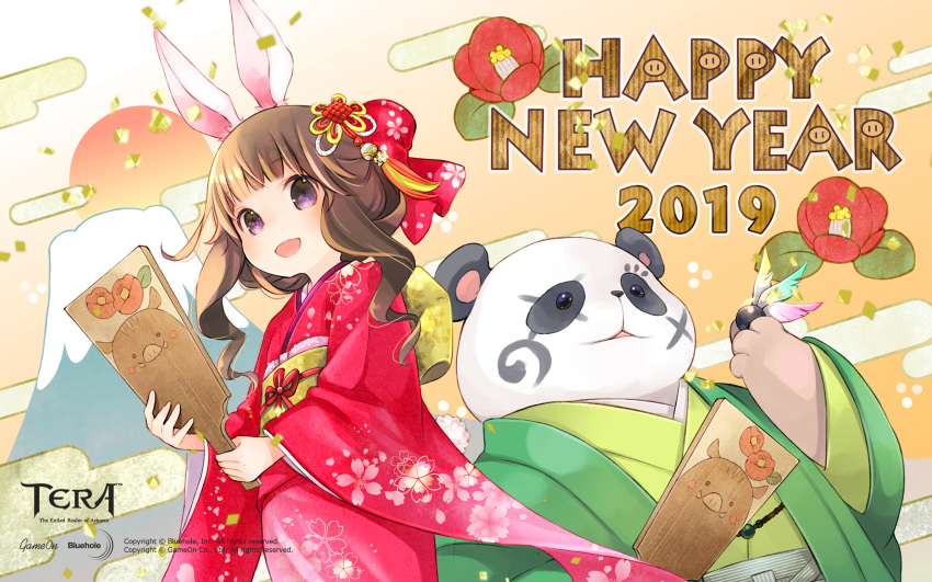 1boy 1girl 2019 animal_ears artist_request brown_hair bunny_ears copyright_name elin_(tera) face_painting flower furry green_kimono happy_new_year highres japanese_clothes kimono long_hair mount_fuji new_year obi official_art open_mouth panda panda_ears popori purple_eyes red_kimono sash smile tera_online wallpaper