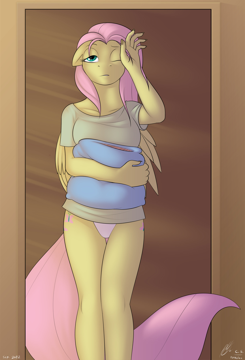 anthrofied clothing equine fatalfox female fluttershy_(mlp) friendship_is_magic horse looking_at_viewer mammal my_little_pony panties pegasus pillow pony shirt sleepy solo underwear wings
