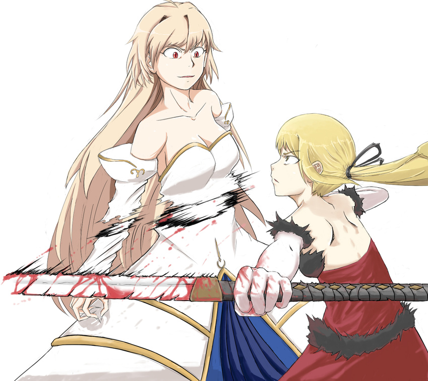 archetype_earth bare_shoulders blonde_hair blood breasts brown_hair cleavage crossover drawfag highres injury kiss-shot_acerola-orion_heart-under-blade long_hair melty_blood monogatari_(series) multiple_girls red_eyes simple_background sword tsukihime weapon white_background yellow_eyes