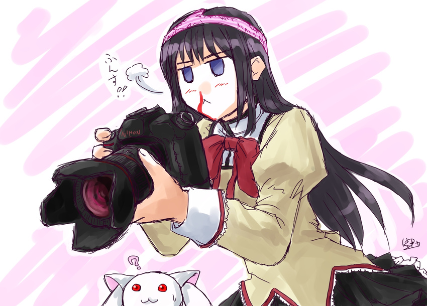 ? akemi_homura black-yuzunyan black_hair blood blue_eyes brand_name_imitation camera kyubey long_hair mahou_shoujo_madoka_magica nikon_(company) no_pupils nosebleed object_on_head panties panties_on_head pink_panties red_eyes school_uniform signature single-lens_reflex_camera skirt underwear