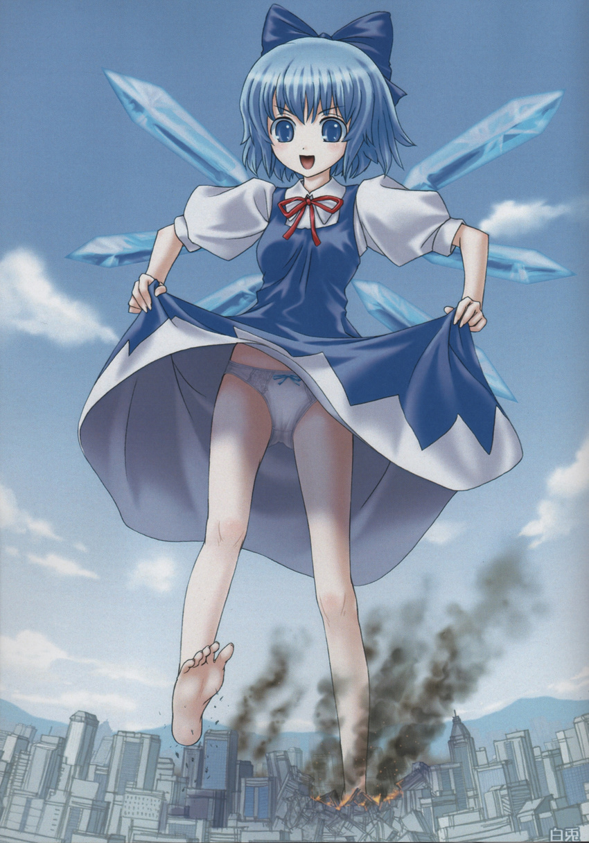 :d artist_name barefoot blue_eyes blue_hair blush bow bow_panties building cameltoe cirno cityscape cloud day destruction dress dress_lift eichikei_(hakuto) fairy_wings feet fire giantess hair_bow highres ice ice_wings open_mouth panties ribbon short_hair sky skyline skyscraper smile smoke solo toes touhou underwear white_panties wings
