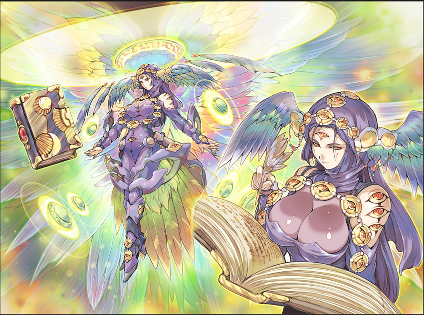 angel azrael_(angel) bird_tail blue_hair book breasts cleavage extra_eyes halo head_wings hisahiko huge_breasts jewelry long_hair moeru!_jiten moeru!_tenshi_jiten multiple_views orange_eyes quill third_eye wings