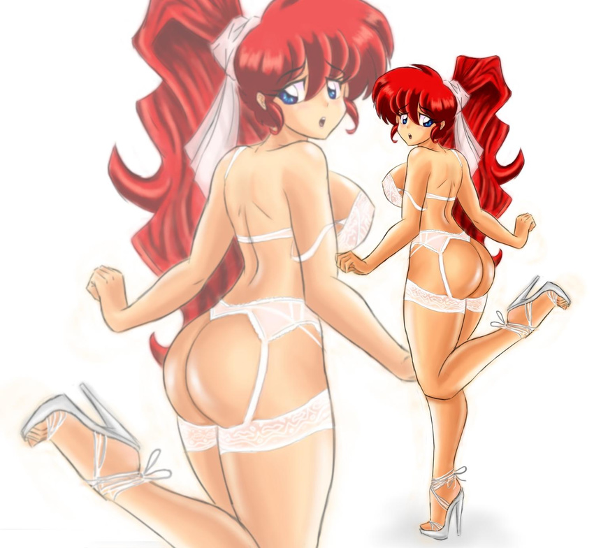ass blue_eyes breasts genderswap high_heels highres large_breasts lingerie link12911291 long_hair looking_at_viewer open_mouth open_shoes ponytail ranma-chan ranma_1/2 red_hair saotome_ranma shoes solo underwear
