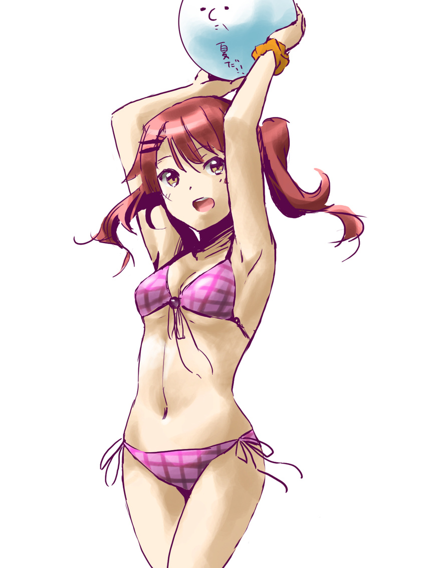 armpits ball bikini brown_eyes copyright_request hair_ornament hairpin highres ikuwataru_nagomi navel open_mouth plaid plaid_bikini red_hair short_hair side-tie_bikini simple_background sketch solo swimsuit twintails white_background