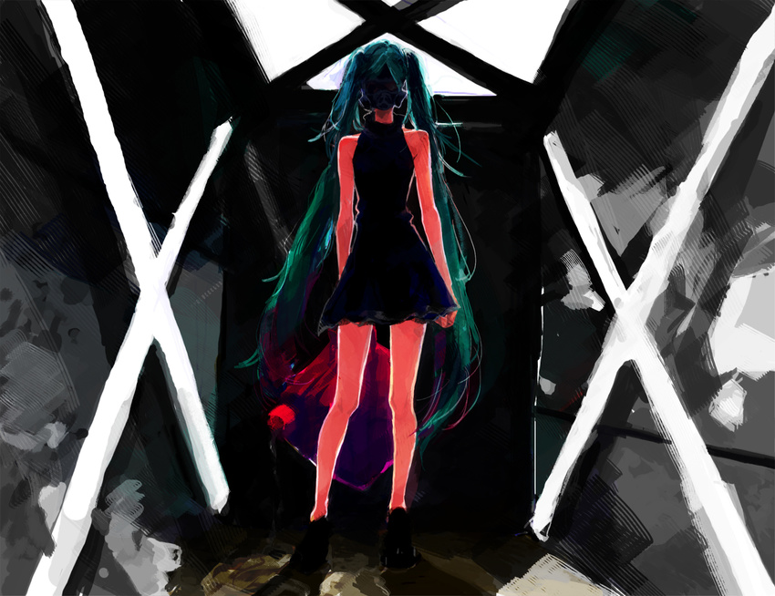 arm_behind_back backlighting bad_id bad_pixiv_id black_dress can commentary_request dirt_floor dress gas_can gas_mask gasoline green_hair hatsune_miku holding holding_can horror_(theme) indoors legs long_hair mitsui room short_dress sleeveless sleeveless_dress solo surreal twintails very_long_hair vocaloid