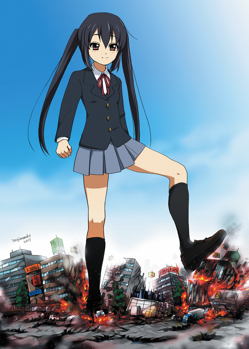 black_hair black_legwear blush brown_eyes city cloud day destruction explosion giantess highres k-on! long_hair nakano_azusa necktie sakuragaoka_high_school_uniform school_uniform skirt sky socks solo stomping torajimaneko twintails