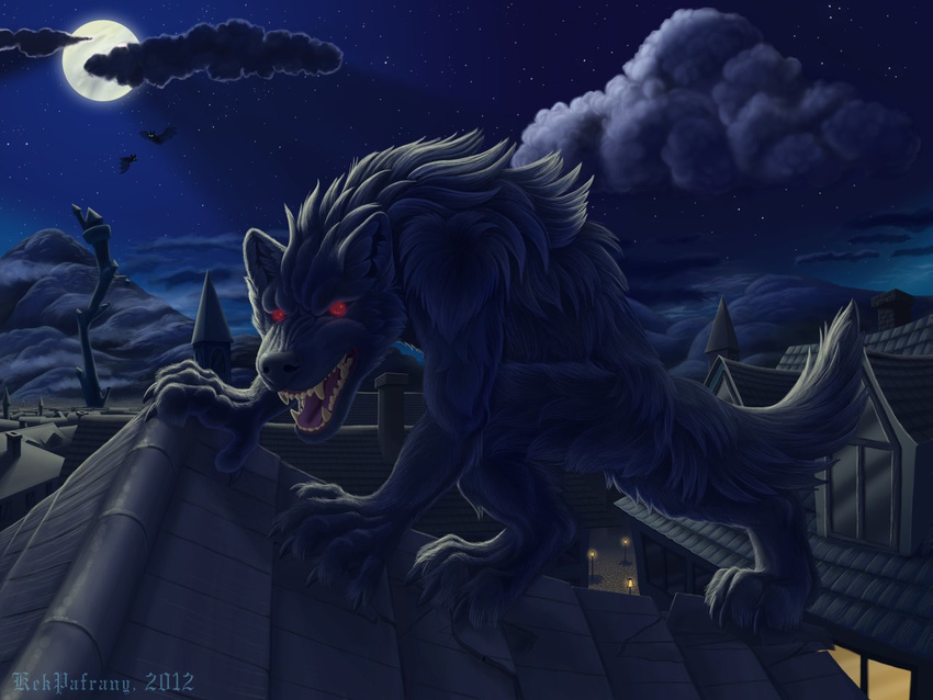 4:3 ambiguous_gender bat canine cloud colored darkness detailed detailed_background digital glowing_eyes kekpafrany lamp looking_at_viewer mammal moon night open_mouth outside red_eyes roof were werewolf wolf