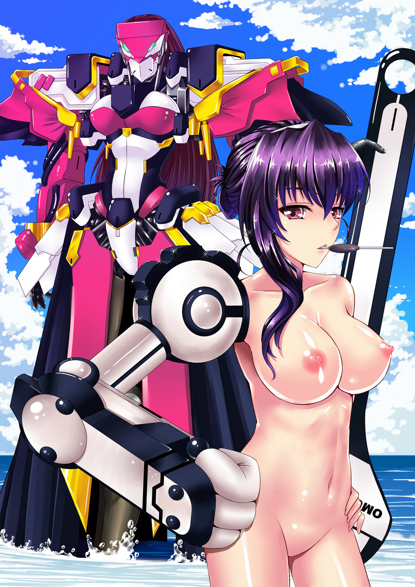 absurdres bad_id bad_pixiv_id breasts cloud day highres jizurisuzaku kyoukaisenjou_no_horizon large_breasts mecha mechanical_arm mizutsuki_rei naomasa_(horizon) navel nipples no_pussy nude ocean pink_eyes purple_hair sky