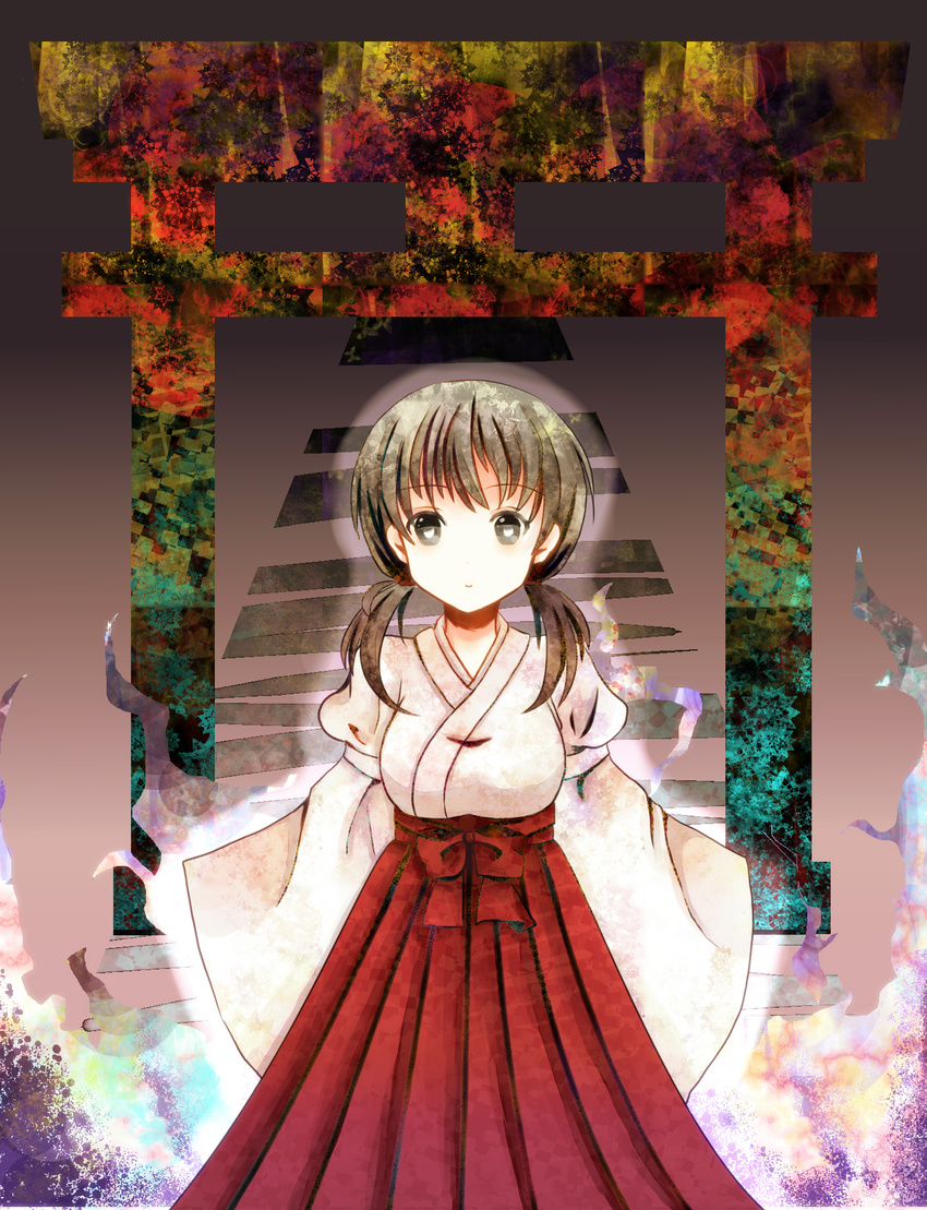 breasts hakama highres japanese_clothes jindai_komaki kioku_no_hitsugi large_breasts miko red_hakama saki solo twintails