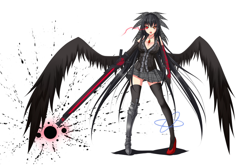 alternate_costume alternate_weapon arm_cannon ass_visible_through_thighs bare_shoulders black_hair black_legwear black_panties black_wings bow breasts cleavage gmot greaves hair_bow highres jewelry large_breasts long_hair mismatched_footwear open_mouth panties pendant plaid plaid_skirt red_eyes reiuji_utsuho simple_background skirt solo symbol-shaped_pupils thighhighs touhou underwear weapon white_background wings