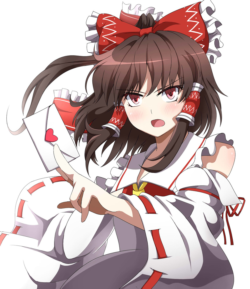 bad_id bad_pixiv_id blush bow brown_hair detached_sleeves e.o. hair_bow hair_tubes hakurei_reimu heart highres letter love_letter open_mouth ponytail red_eyes short_hair solo touhou tsundere white_background wide_sleeves