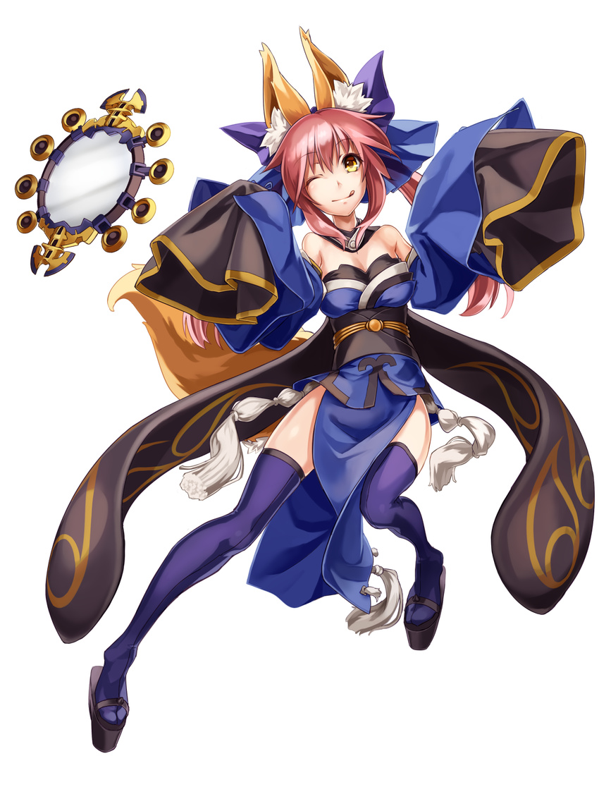 animal_ears bad_id bad_pixiv_id bare_shoulders bow breasts cleavage detached_sleeves fate/extra fate_(series) fox_ears fox_tail full_body geta hair_bow hair_ribbon highres japanese_clothes large_breasts mirror nakasaki_hydra one_eye_closed pink_hair ribbon sleeves_past_wrists solo suiten_nikkou_amaterasu_yanoshisu_ishi tail tamamo_(fate)_(all) tamamo_no_mae_(fate) thighhighs tongue transparent_background twintails yellow_eyes