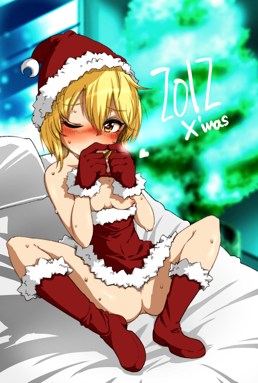 bare_shoulders blonde_hair blush boots breasts crescent gloves harusame_(unmei_no_ikasumi) hat heart heart-shaped_pupils highres looking_at_viewer lunasa_prismriver nipples no_panties one_eye_closed santa_costume santa_hat short_hair sitting skirt small_breasts smile solo spread_legs sweat symbol-shaped_pupils touhou yellow_eyes