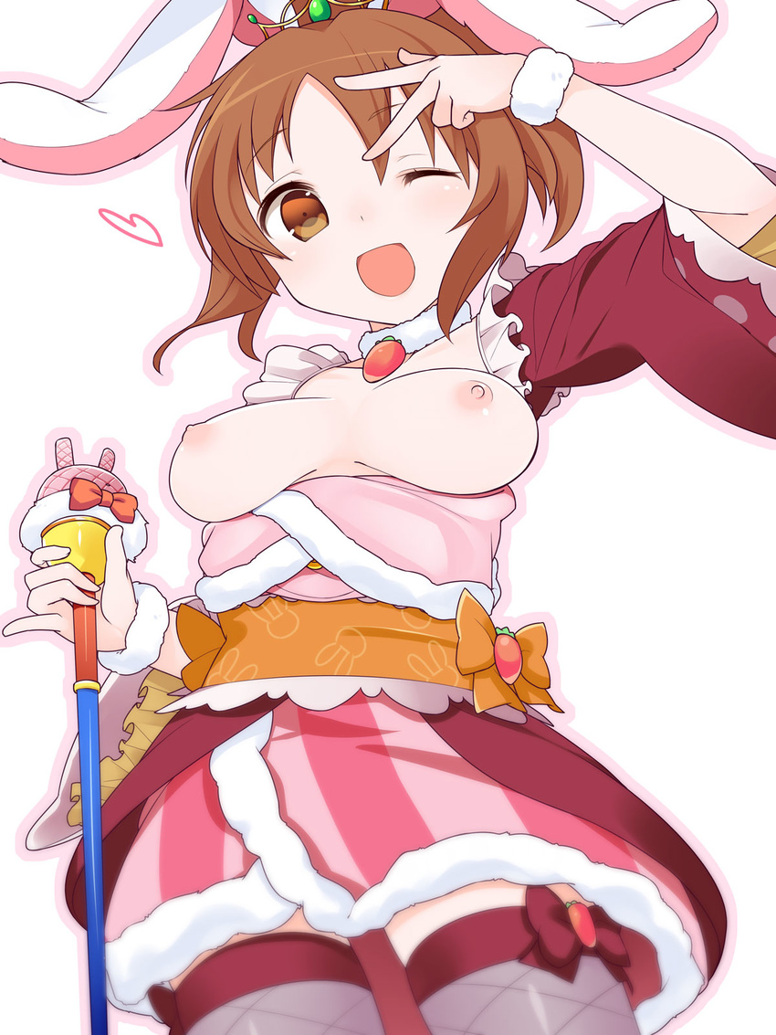abe_nana animal_ears arm_up bad_id bad_pixiv_id blush bow breasts breasts_outside brown_eyes brown_hair bunny_ears crown dress fishnets hair_bow hair_ribbon highres idolmaster idolmaster_cinderella_girls medium_breasts microphone nekoume nipples one_eye_closed open_mouth ponytail ribbon short_hair smile solo thighhighs v wand