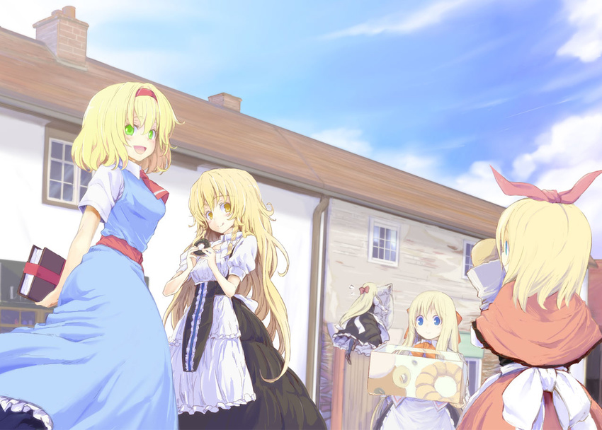 :d alice_margatroid blonde_hair book bow building capelet green_eyes hairband hat hat_bow holding holding_book hourai_doll kirisame_marisa lefthand md5_mismatch multiple_girls no_hat no_headwear open_mouth shanghai_doll smile touhou witch_hat yellow_eyes