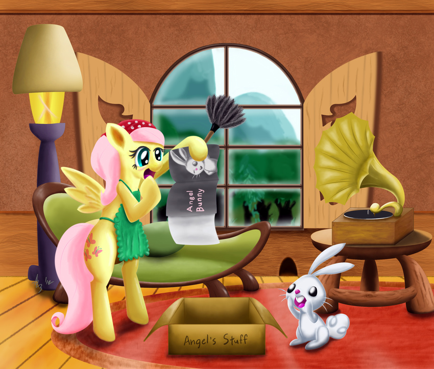 a8702131 angel_(mlp) apron blush book cutie_mark duster english_text equine female feral fluttershy_(mlp) friendship_is_magic hair horse inside male mammal my_little_pony pegasus phonograph pink_hair pony sofa text wing_boner wings