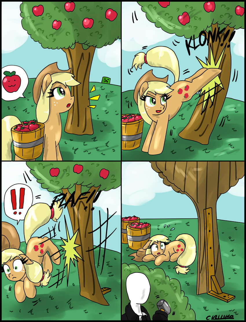 blonde_hair bucket ciriliko clothing comic cowboy_hat creeper cutie_mark equine fake female feral freckles friendship_is_magic green_eyes hair hat horse mammal minecraft my_little_pony pony slenderman tree video_games wood