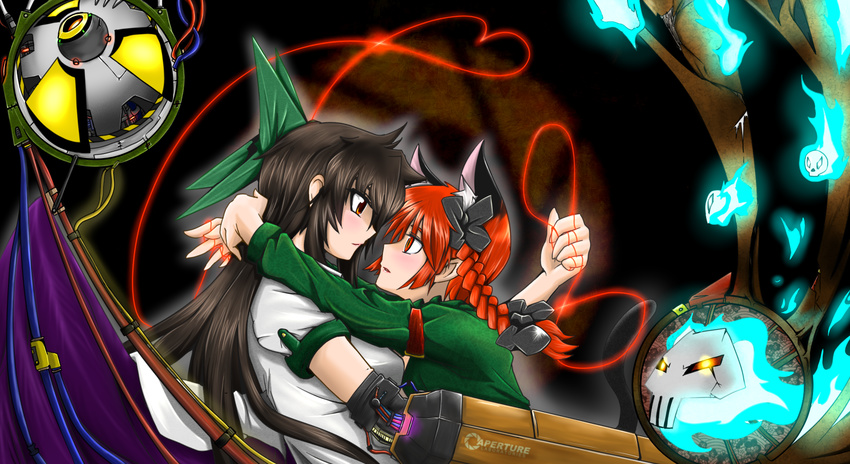 alternate_weapon animal_ears aperture_laboratories arm_cannon arm_strap arms_around_neck black_hair bloodycat blouse blush bow braid brown_eyes cape cat_ears cat_tail crossover dress extra_ears eye_contact green_dress hair_bow hair_ribbon heart heart_of_string highres hug kaenbyou_rin long_hair looking_at_another machine messy_hair miko_embrace multiple_crossover multiple_girls pointy_ears portal portal_(series) profile red_eyes red_hair red_string reiuji_utsuho ribbon short_sleeves skull string tail third_eye touhou twin_braids upper_body weapon wings yuri