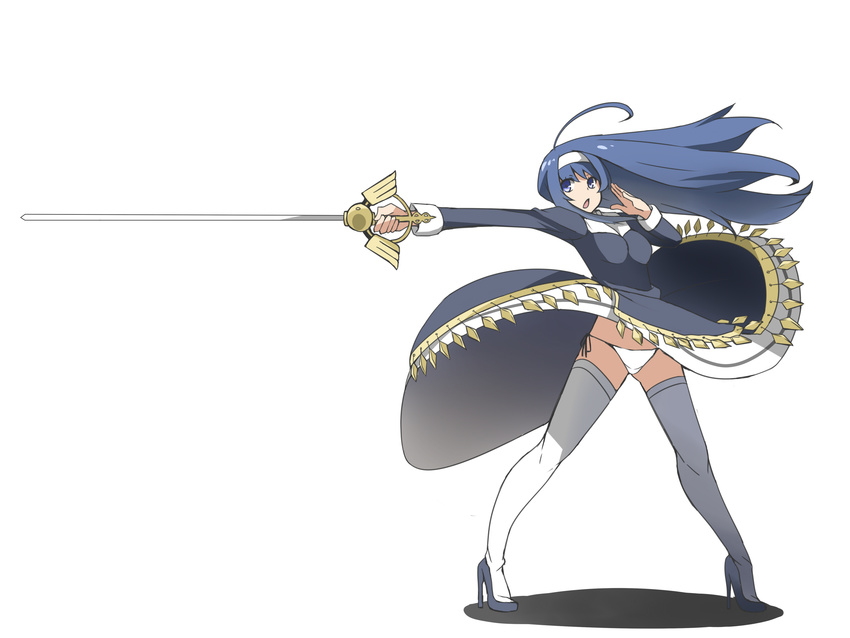 ahoge armor armored_dress blue_eyes blue_hair breasts dress fighting_stance hairband high_heels highres huge_ahoge hyaku_(6974) long_hair medium_breasts orie_(under_night_in-birth) panties pantyshot pantyshot_(standing) rapier shoes side-tie_panties solo standing sword thighhighs under_night_in-birth underwear weapon white_legwear white_panties wind wind_lift