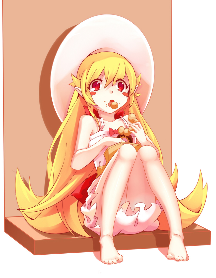 :o bad_id bad_pixiv_id barefoot blonde_hair blush_stickers doughnut dress eating food hat highres liong long_hair monogatari_(series) nisemonogatari oshino_shinobu pointy_ears red_eyes sitting solo sun_hat