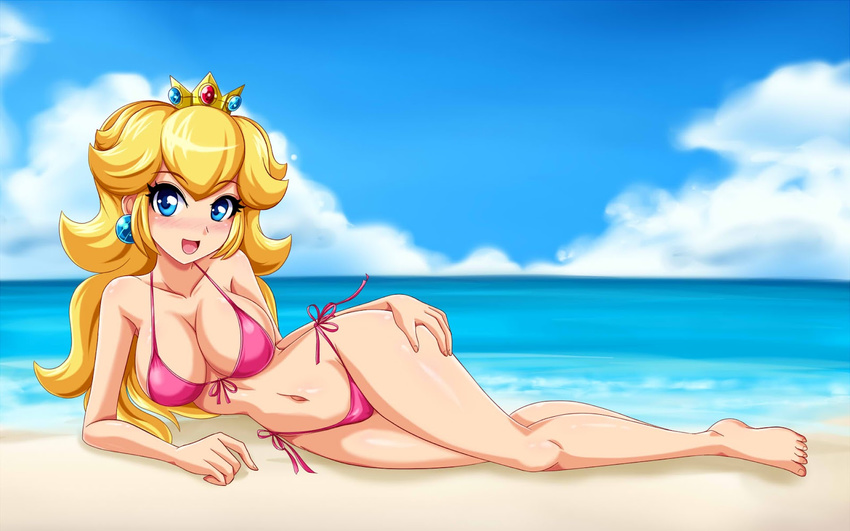 arm_support beach bikini blonde_hair blue_eyes blush breasts cleavage cloud crown day earrings front-tie_top hand_on_hip highres jewelry large_breasts long_hair looking_at_viewer mario_(series) navel ocean open_mouth outdoors princess_peach side-tie_bikini sigurd_hosenfeld sky smile solo super_mario_bros. swimsuit
