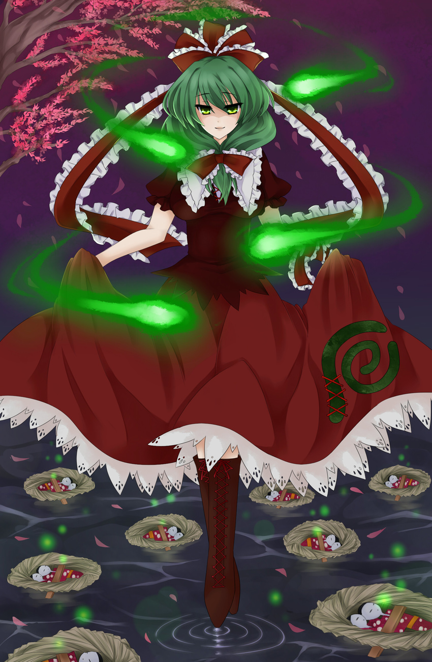 bow doll front_ponytail green_eyes green_hair hair_bow highres kagiyama_hina puffy_sleeves short_sleeves smile solo touhou tree water yami_nabe