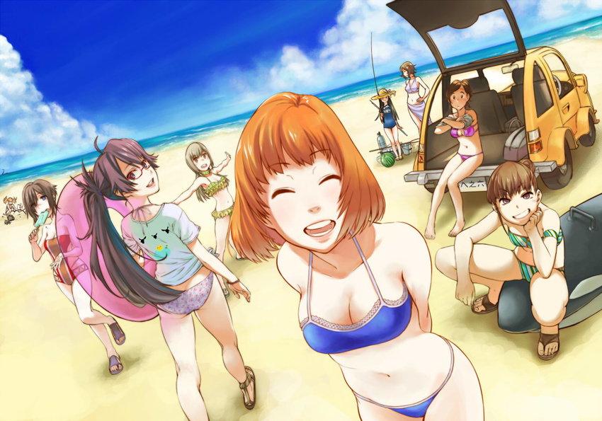 :d ^_^ bad_id bad_pixiv_id bag beach bikini black_eyes black_hair blue_eyes blush bottle breasts brown_eyes brown_hair bucket buried car cleavage closed_eyes cloud day eating fishing_rod food frilled_bikini frills from_behind fruit glasses grin ground_vehicle hand_on_hip hat hat_ribbon holding inflatable_toy inflatable_whale innertube long_hair looking_at_viewer medium_breasts motor_vehicle multiple_girls name_tag navel ocean open_mouth orange_hair original outdoors outstretched_arms pink_bikini popsicle ribbon sandals school_swimsuit short_hair sitting sky smile spread_arms striped striped_bikini striped_swimsuit swimsuit twintails uyama_hajime watermelon