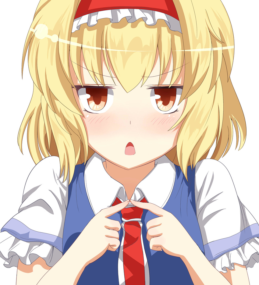 absurdres alice_margatroid blonde_hair blush e.o. face hairband highres necktie open_mouth orange_eyes short_hair short_sleeves solo touhou white_background