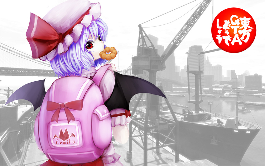 backpack bad_id bad_pixiv_id bag bat_wings blue_hair building character_name doughnut food food_in_mouth grand_theft_auto hat hat_ribbon looking_back nishi_masakazu parody puffy_sleeves red_eyes remilia_scarlet ribbon ship short_hair short_sleeves solo touhou watercraft wings