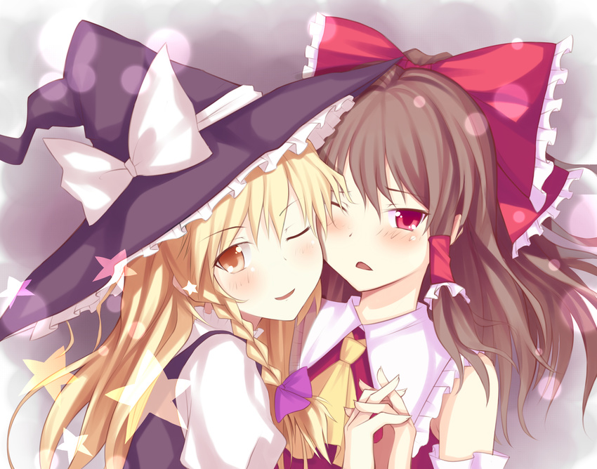 ascot bad_id bad_pixiv_id blonde_hair blush bow brown_eyes hair_bow hair_tubes hakurei_reimu hat hat_bow highres holding_hands kirisame_marisa long_hair multiple_girls mushroom_(artist) one_eye_closed open_mouth red_eyes short_hair star touhou white_bow witch_hat yellow_eyes