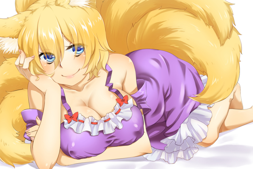 animal_ears bare_shoulders blonde_hair blue_eyes breasts chin_rest collarbone covered_nipples fox_ears fox_tail large_breasts looking_at_viewer lying multiple_tails no_bra shirane_koitsu smile solo tail touhou yakumo_ran