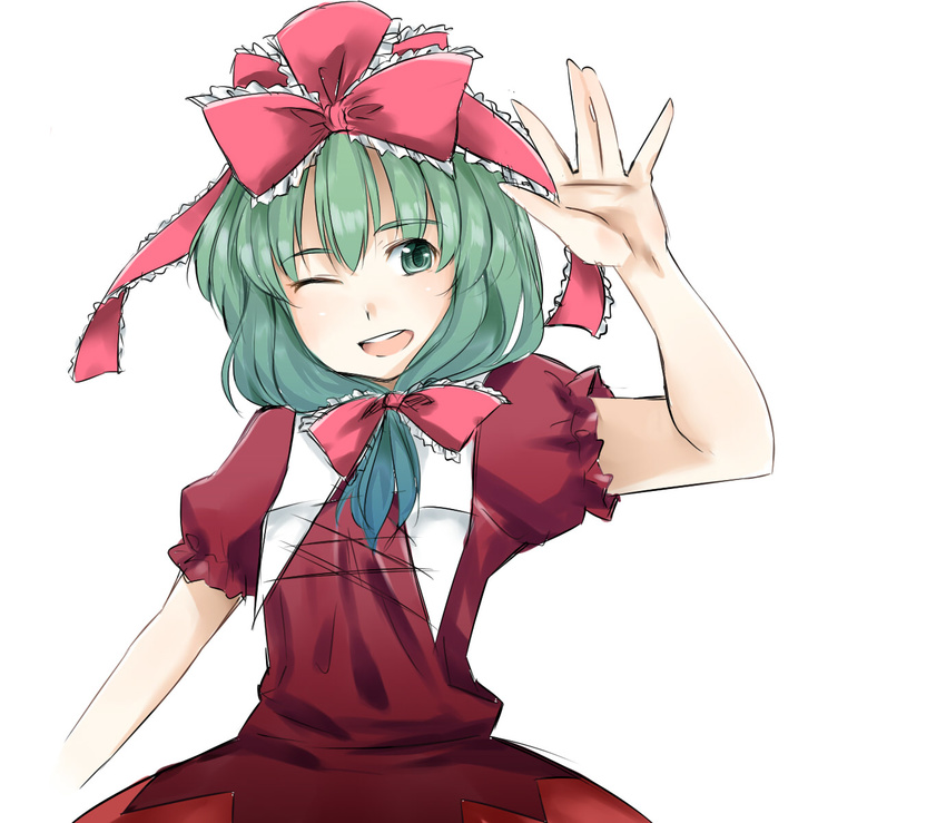 bow front_ponytail green_eyes green_hair hair_bow hair_ornament hair_ribbon highres kagiyama_hina kuze long_hair one_eye_closed open_mouth ribbon short_sleeves simple_background smile solo touhou waving white_background