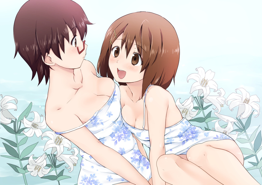 :d bare_shoulders blush breasts brown_eyes brown_hair cleavage collarbone dress ekra floral_print flower glasses hirasawa_yui k-on! looking_at_another manabe_nodoka medium_breasts multiple_girls open_mouth round_teeth short_hair smile strap_slip teeth