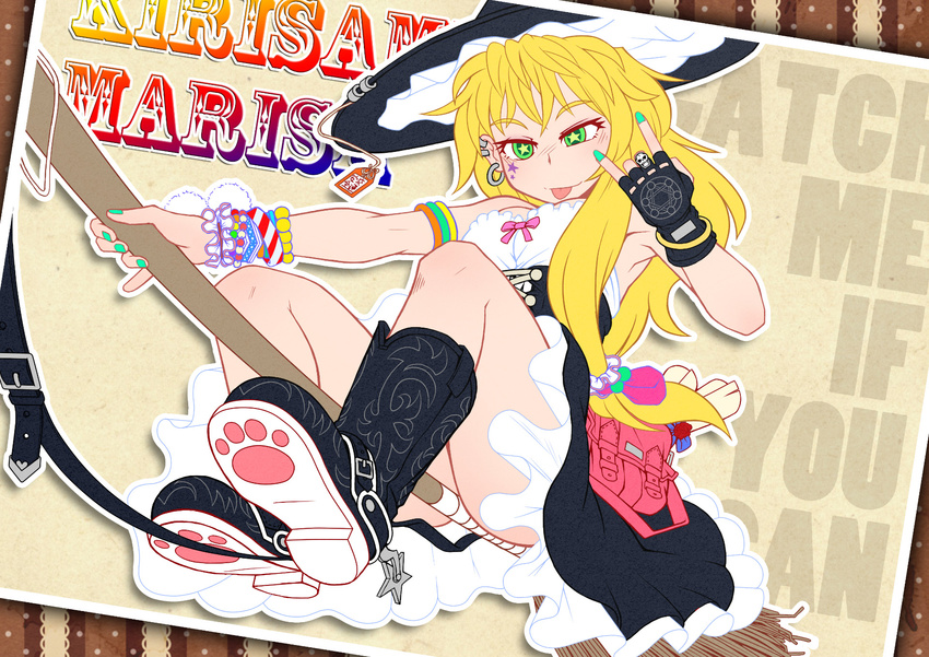 :p \n/ armpits blonde_hair boots bracelet broom character_name earrings green_eyes hat highres iromeki_overdrive jewelry kirisame_marisa long_hair nail_polish solo star star-shaped_pupils symbol-shaped_pupils tongue tongue_out touhou witch_hat