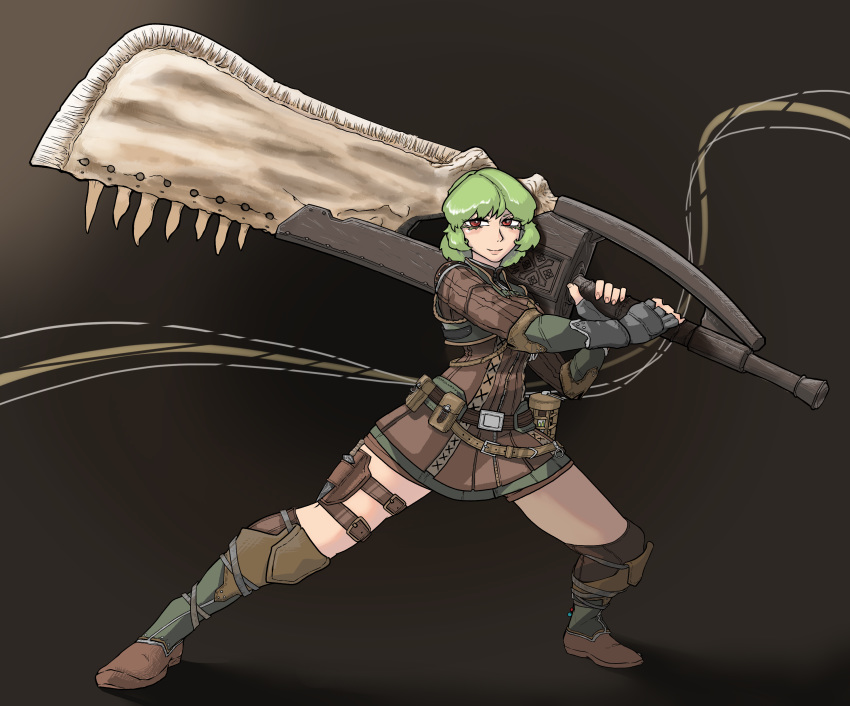 1girl absurdres armor bangs belt belt_pouch boots closed_mouth commentary_request crossover dress full_body gauntlets greatsword green_hair highres holding holding_sword holding_weapon holster huge_weapon insect_cage kazami_yuuka knife long_sleeves looking_at_viewer monster_hunter over_shoulder pose pouch red_eyes short_dress short_hair shorts skinnytorch smile solo standing sword thigh_holster thigh_strap touhou vest weapon weapon_over_shoulder