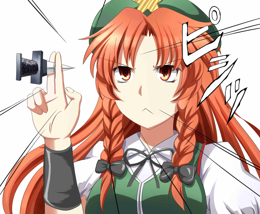 :&lt; between_fingers braid catching dagger e.o. emphasis_lines hat highres hokuto_no_ken hong_meiling knife long_hair orange_eyes orange_hair parody puffy_sleeves short_sleeves solo star touhou twin_braids upper_body weapon white_background