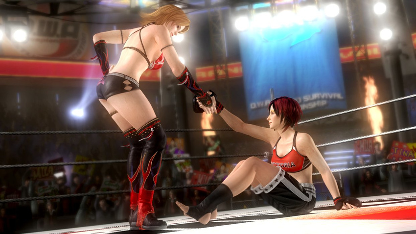 2girls 3d blonde_hair dead_or_alive dead_or_alive_5 gloves hotpants jewelry knee_high_boots mila_(dead_or_alive) mila_(doa) multiple_girls official_art red_hair ring screencap short_shorts shorts tecmo tina_armstrong