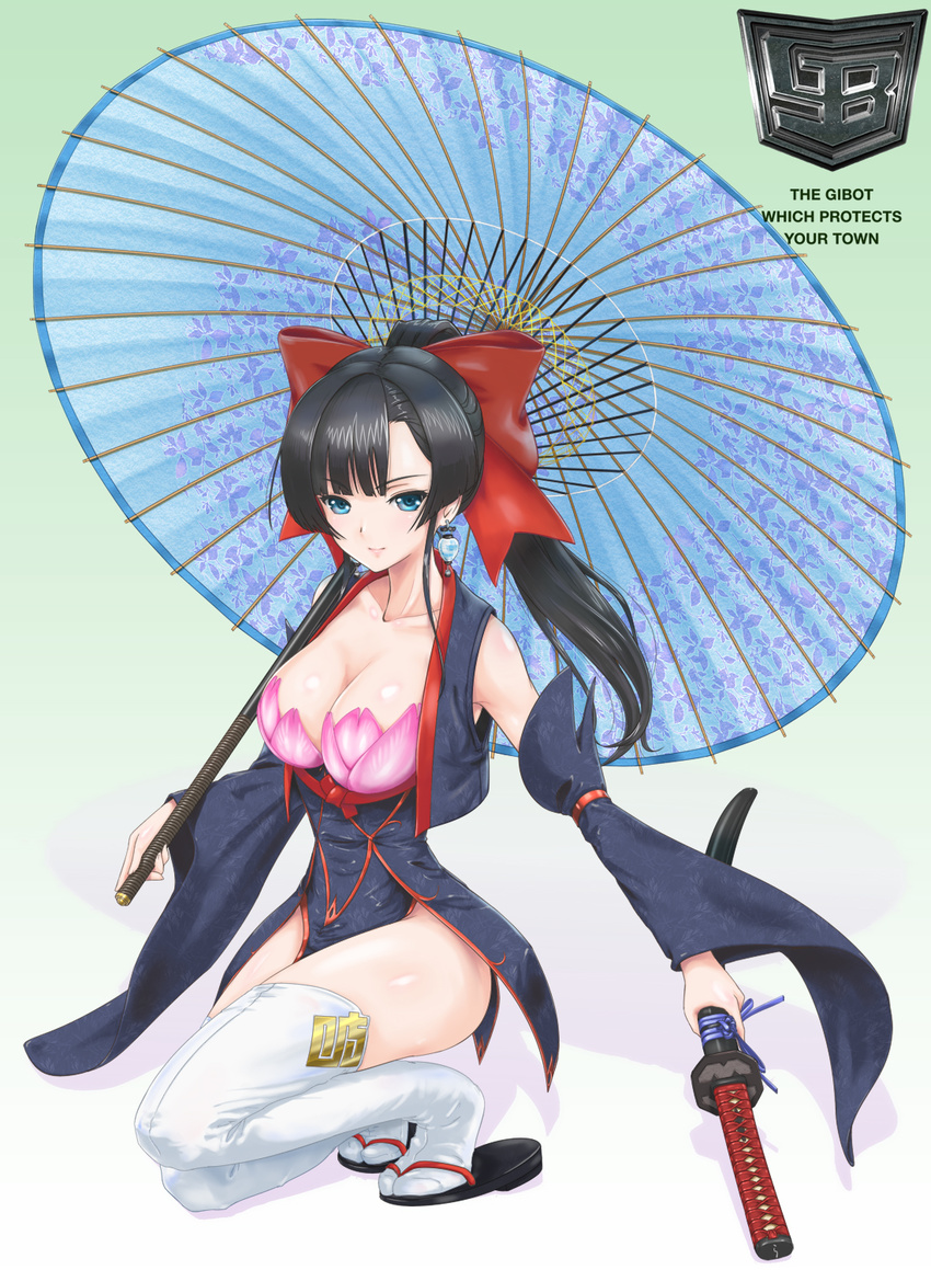 black_hair blue_eyes body_blush bow breasts cleavage detached_sleeves earrings hair_bow highres jewelry large_breasts light_smile looking_at_viewer one_knee oriental_umbrella original parasol ponytail rasukaru sandals sheath sheathed smile solo sword thighhighs umbrella weapon white_legwear