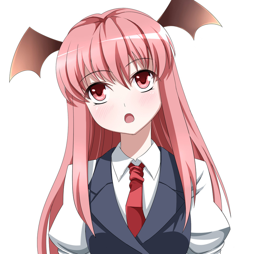 blush demon_wings e.o. head_tilt head_wings highres koakuma long_hair necktie open_mouth puffy_sleeves red_eyes red_hair red_neckwear solo touhou white_background wings