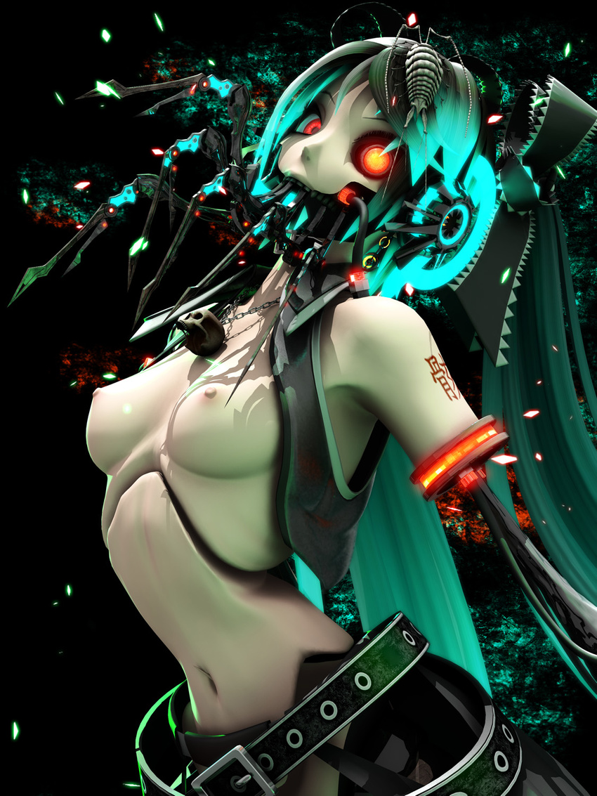 belt breasts bug cable calne_ca crustacean cyborg hatsune_miku highres horror_(theme) insect isopod long_hair maeda_koutarou nato-kun navel nipples robot small_breasts solo stomach topless twintails upper_body vocaloid wire