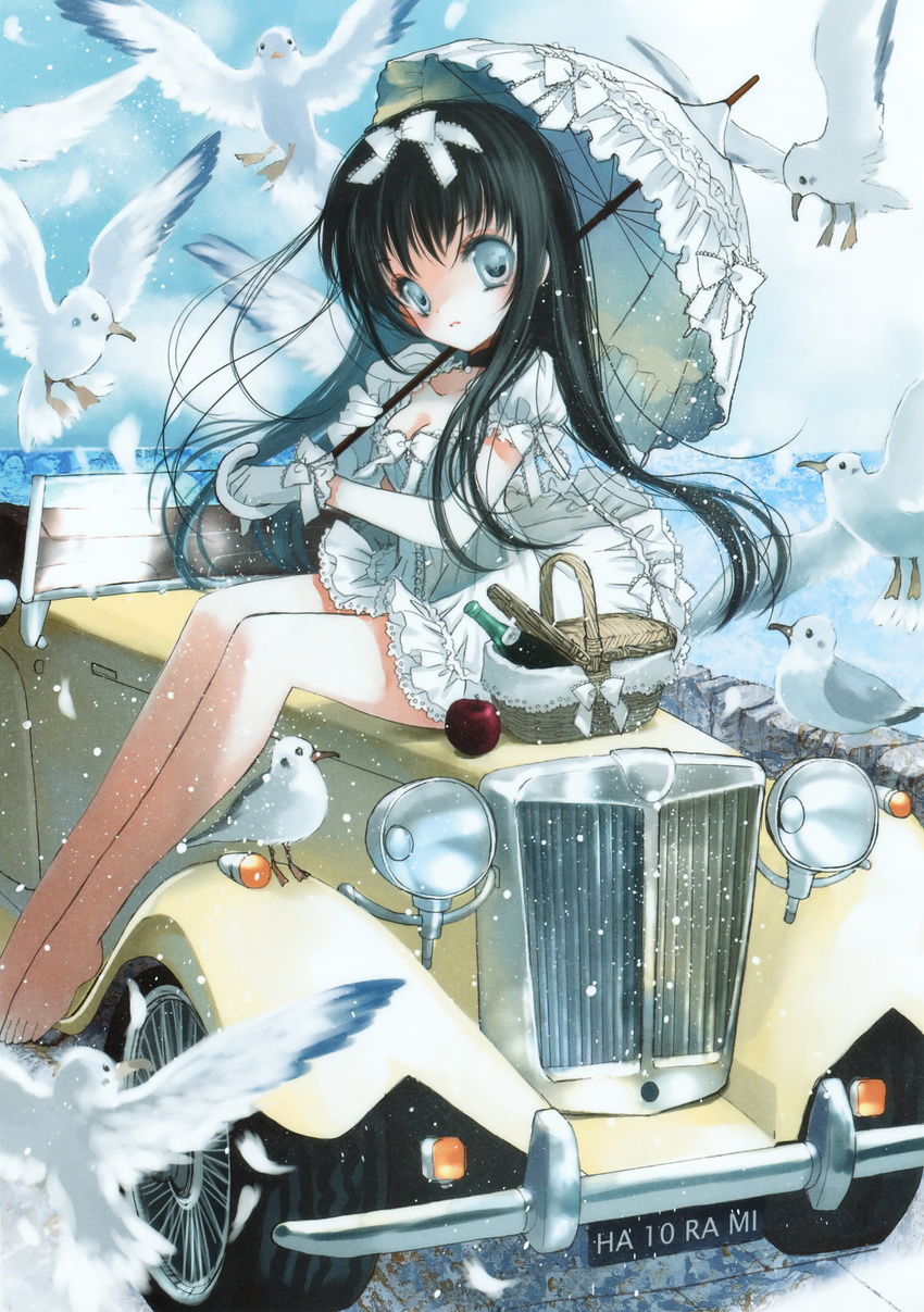 1girl absurdres apple aqua_eyes barefoot bird black_hair bow breasts car cleavage dress food frilled_dress frills fruit hair_bow hato_rami highres legs lolita_fashion megami megami_creators motor_vehicle parasol picnic_basket scan seagull sitting sitting_on_car solo umbrella vehicle white_dress